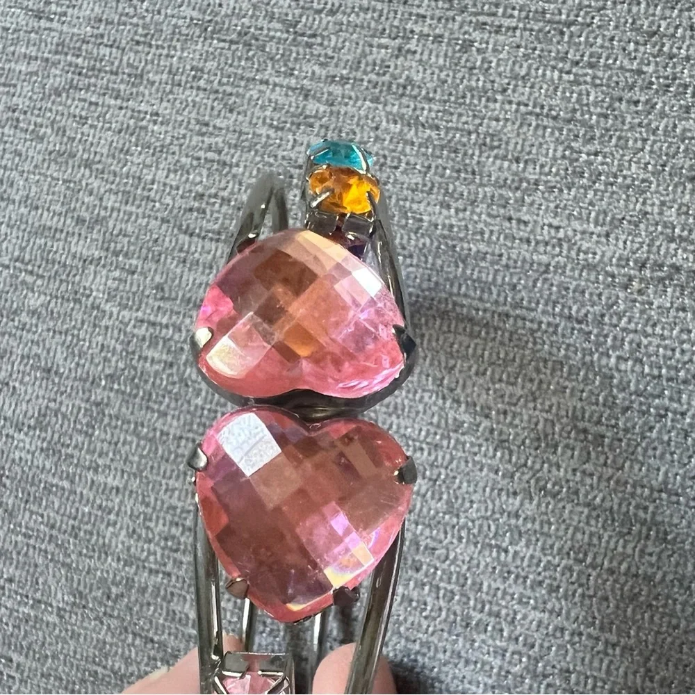 Vintage Silver Tone Hinged Cuff Bracelet Pink Heart & Multicolor Rhinestones
